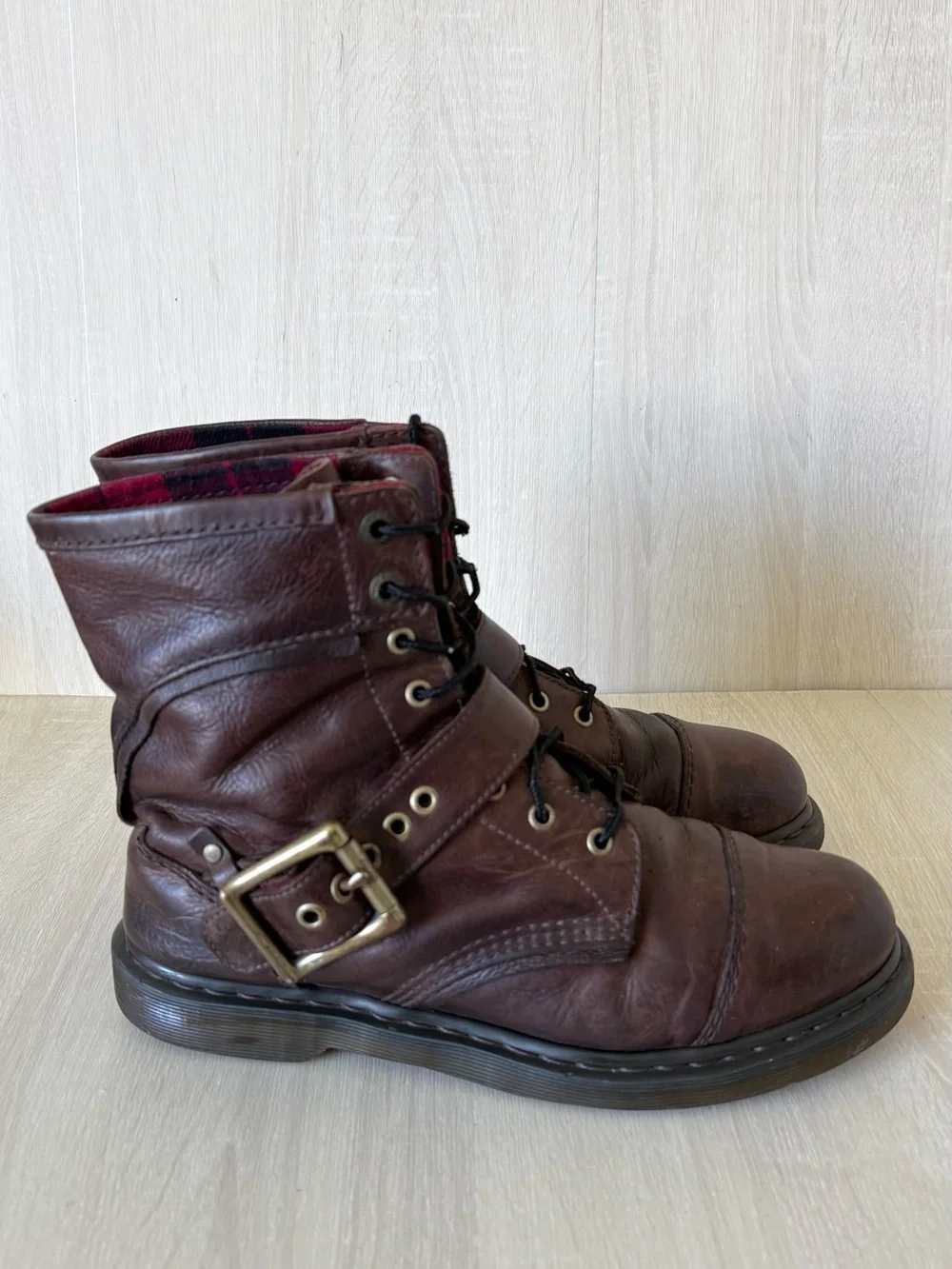 Dr. Martens Brown Leather Buckle Lace-Up Combat Boots Moto Biker Plaid M10/W11